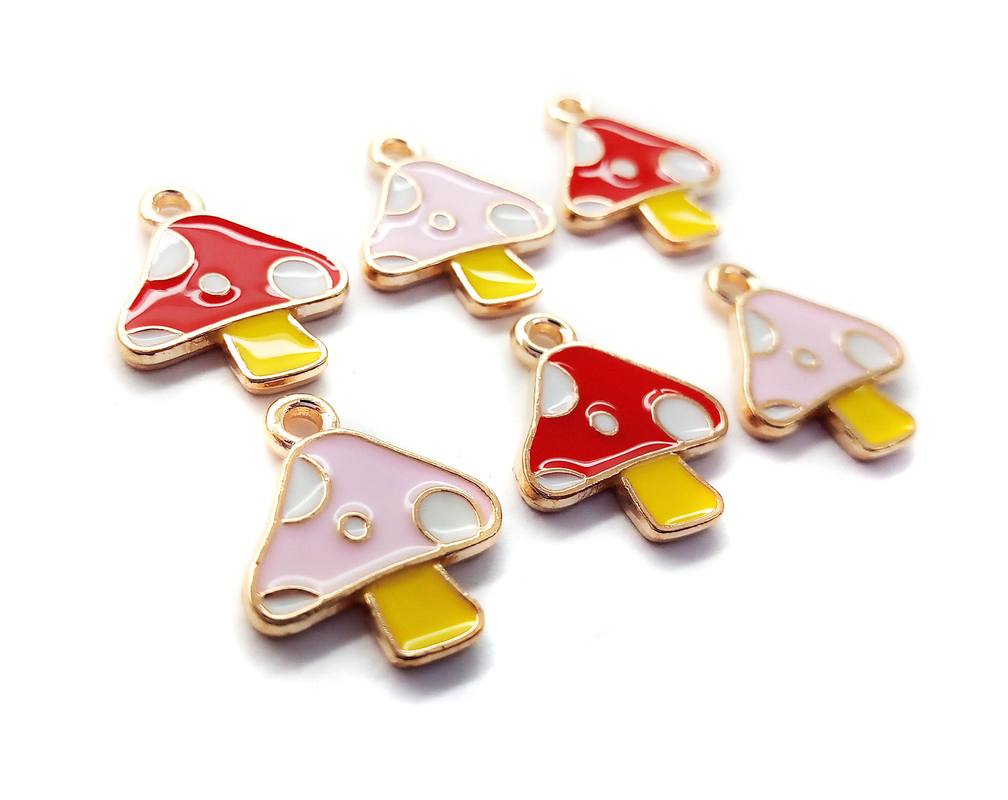 Mushroom Enamel Charms, Red and Pink Polka Dots