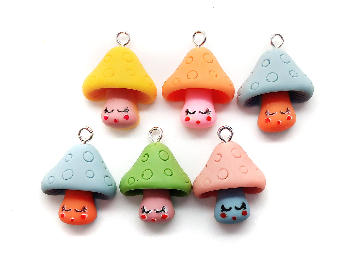 Cute Mushroom Charms, 6 pieces, Colorful Kawaii Mushrooms