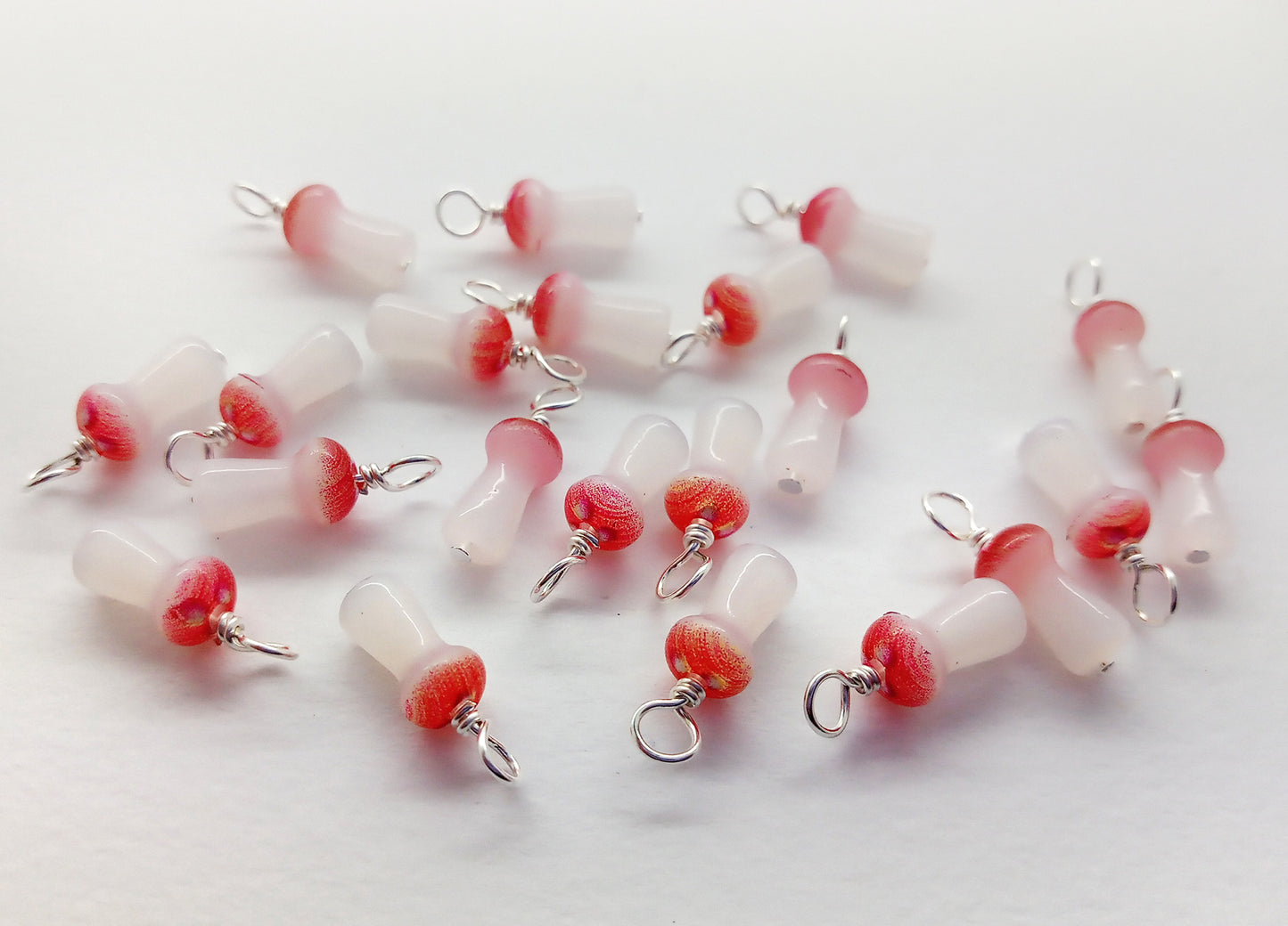 Tiny Mushroom Charms, Bead Dangles Made from Small Fly Agaric Glass Beads