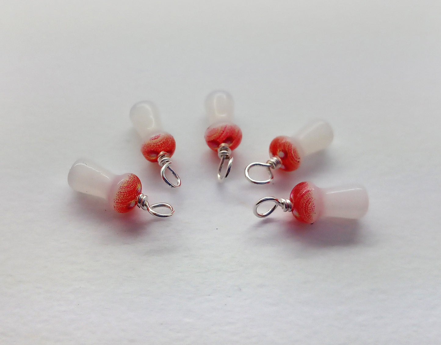 Tiny Mushroom Charms, Bead Dangles Made from Small Fly Agaric Glass Beads