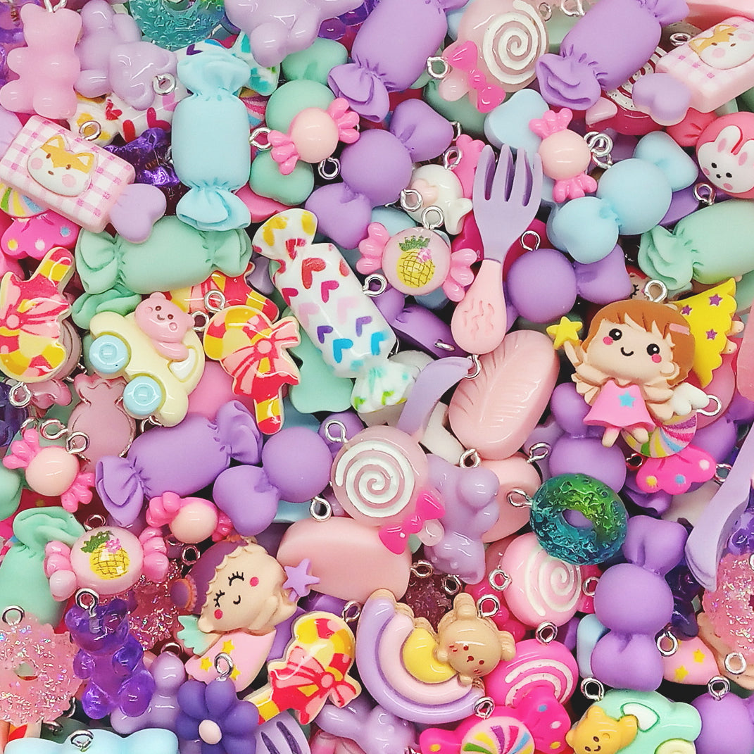 Adorable resin cabochon charms in pastel colors. Lots of candies and other cute shapes. Grab bag mix of 20 pieces.