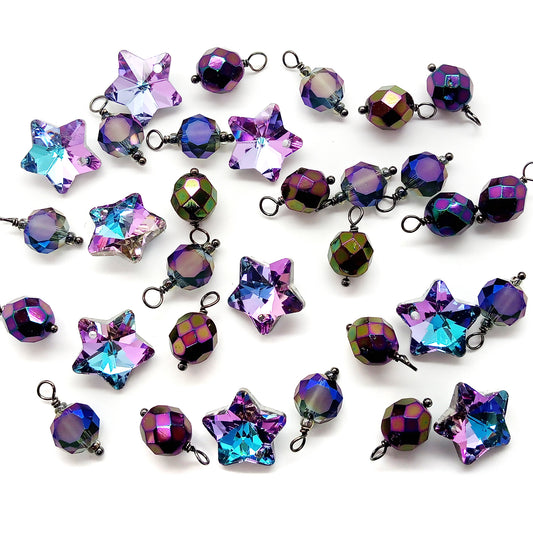 Beautiful purple and gray AB glass star charms and handmade bead dangles.