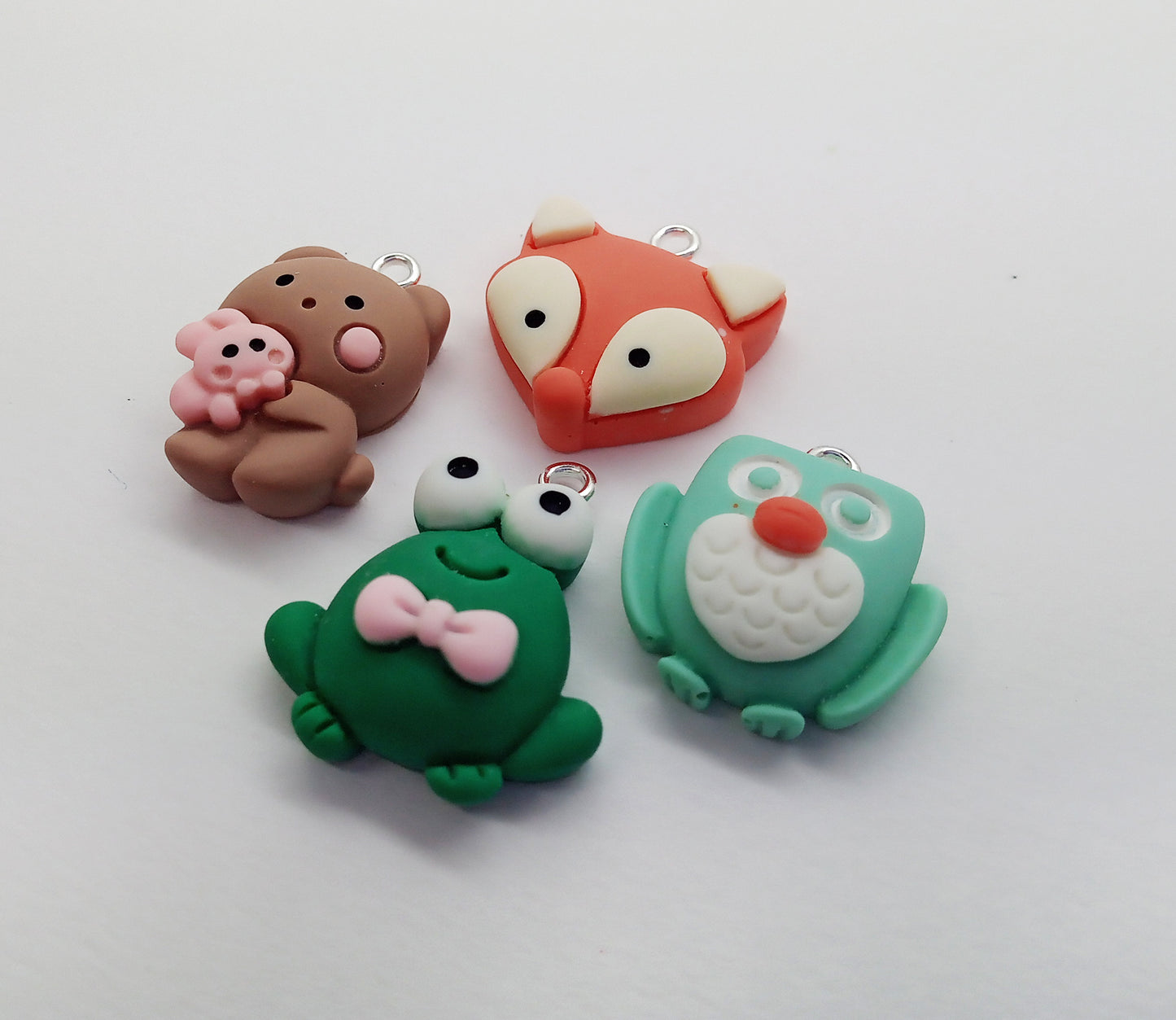 Cute Woodland Animals Charms, 6 piece Mix of Frog Owl Bear and Fox