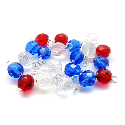 10 pc Colorful Dangles, 8mm Fire-Polished Bead Charms, Patriotic Mix