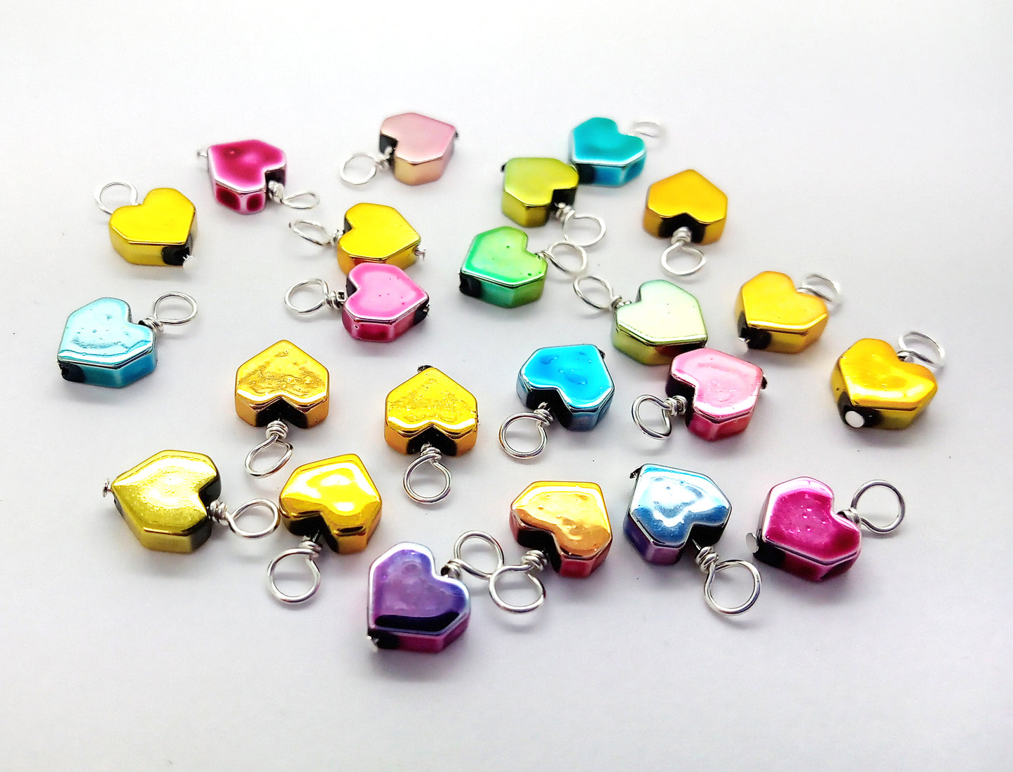 Metallic Rainbow Heart Charms, Tiny Pastel Heart Bead Dangles
