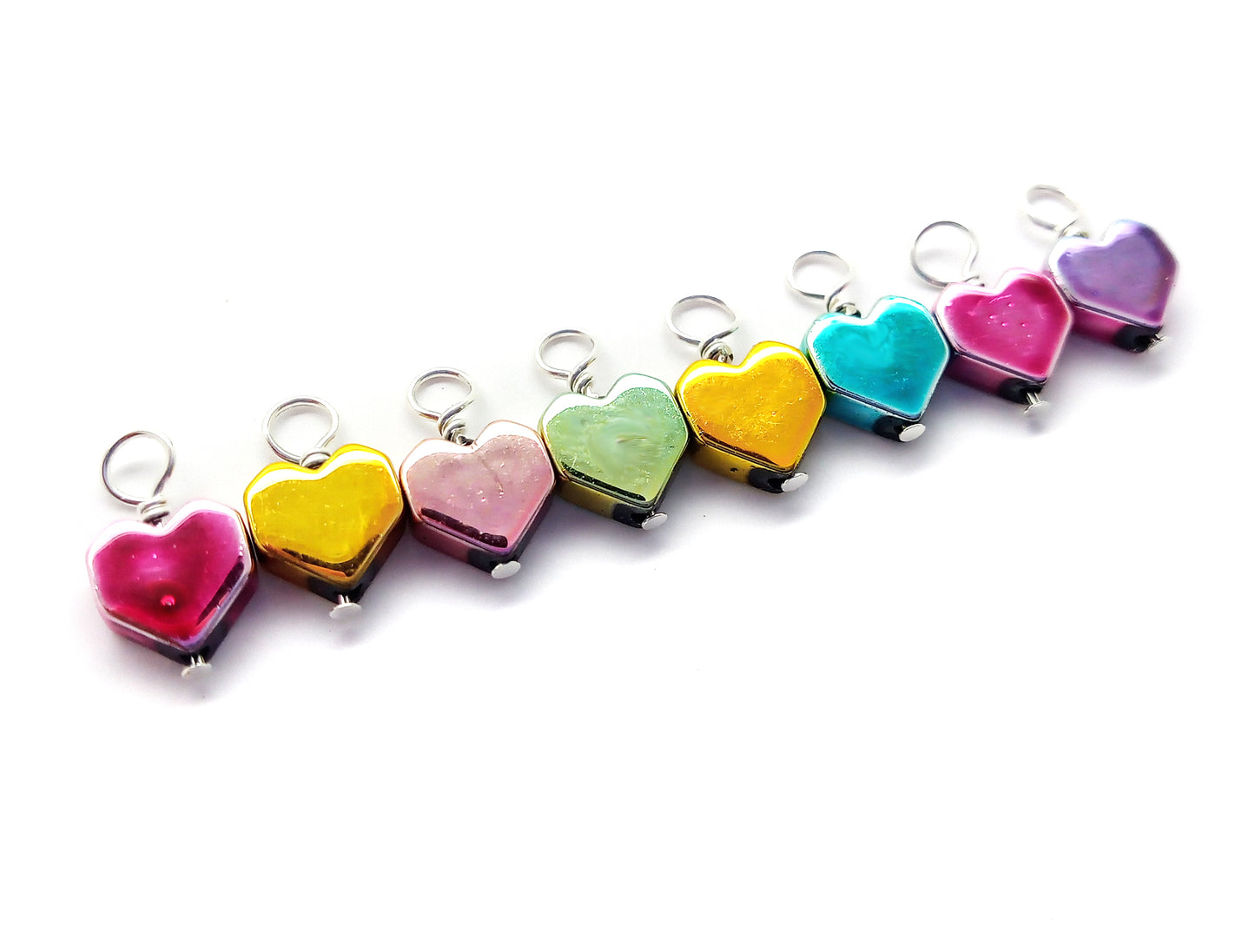 Metallic Rainbow Heart Charms, Tiny Pastel Heart Bead Dangles