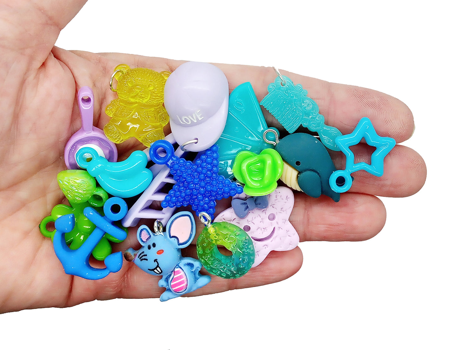 Cute Charm Mix in Blue Green & Purple, 30 pieces, Flatback Resin and Acrylic Mix