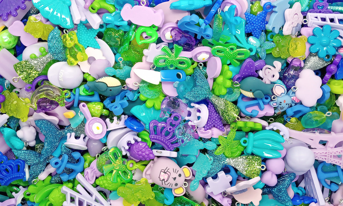 Cute Charm Mix in Blue Green & Purple, 30 pieces, Flatback Resin and Acrylic Mix