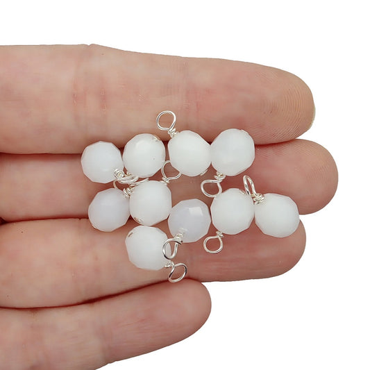 White Fire-Polished Dangle Charms, 8mm Czech Glass Beads