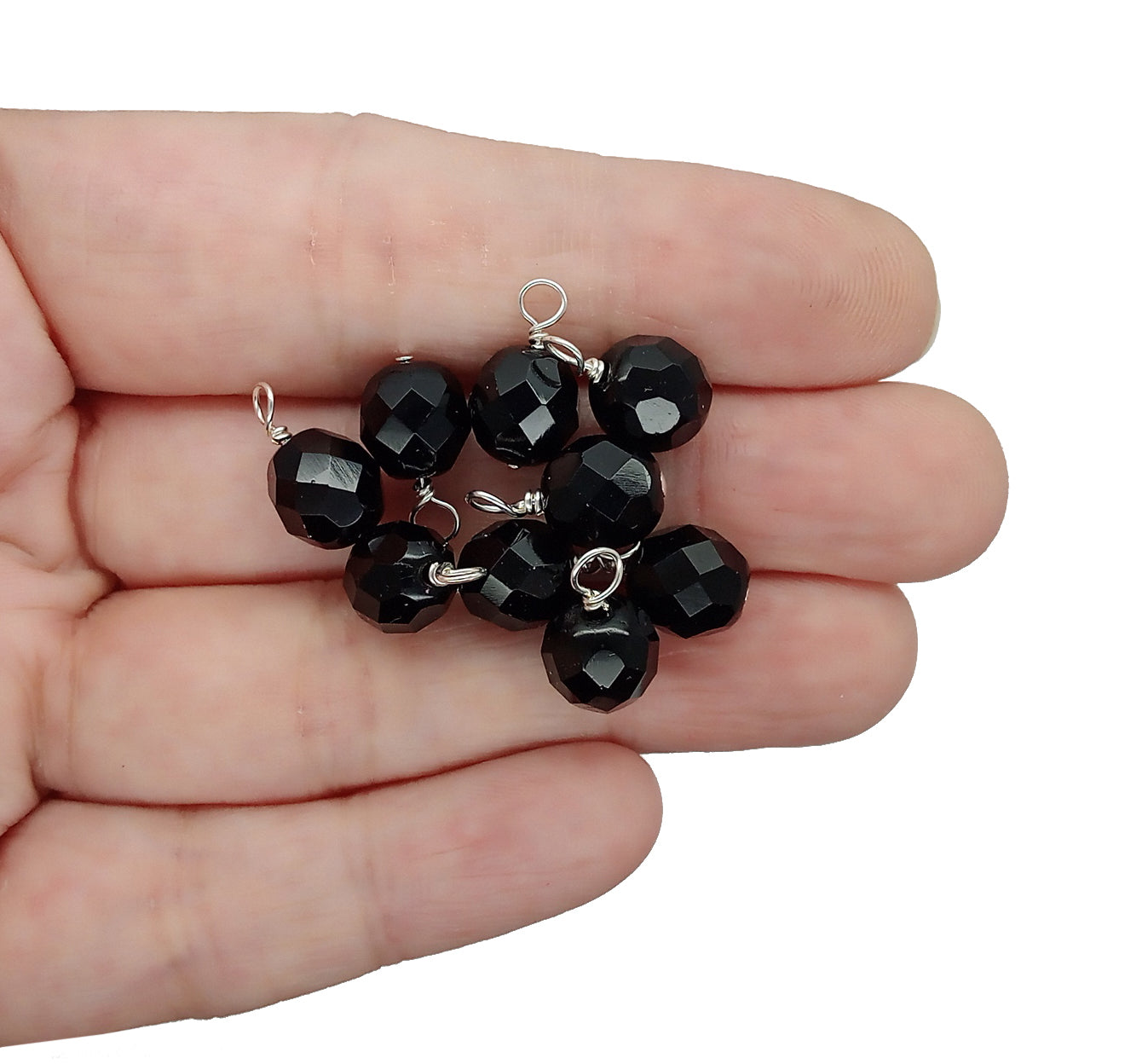 Black Fire-Polished Dangle Charms, 8mm Jet Czech Glass Beads