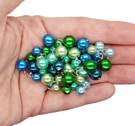 Bead Dangle Mix in Blue & Green, 20 pc 6mm 8mm Glass Pearls, Silver-Plated Wire, Adorabilities