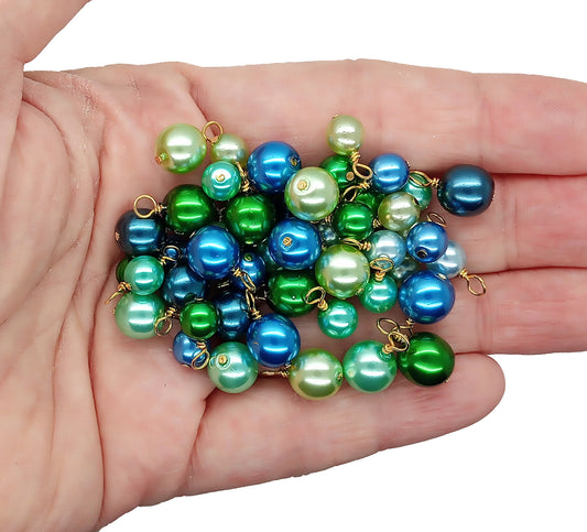 Bead Dangle Mix in Blue & Green, 20 pc 6mm 8mm Glass Pearls, Gold-Plated Wire