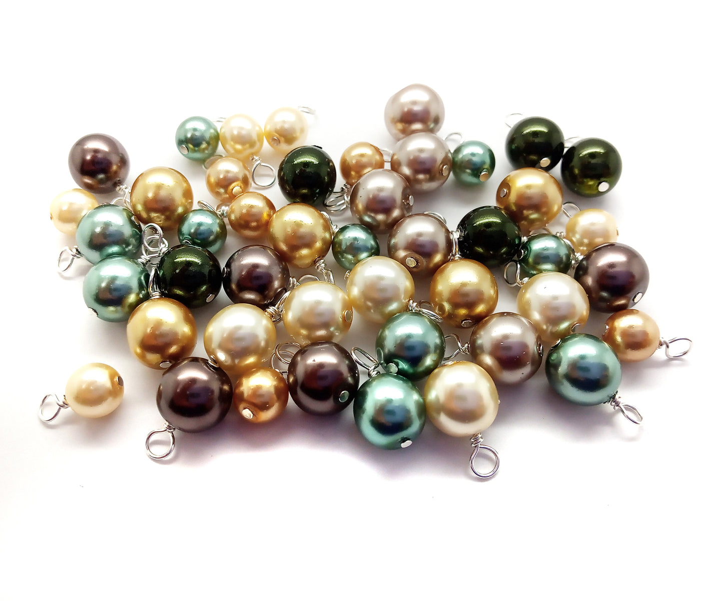 Pretty Bead Dangle Mix in Brown Gold & Green, 8mm & 6mm Glass Pearls