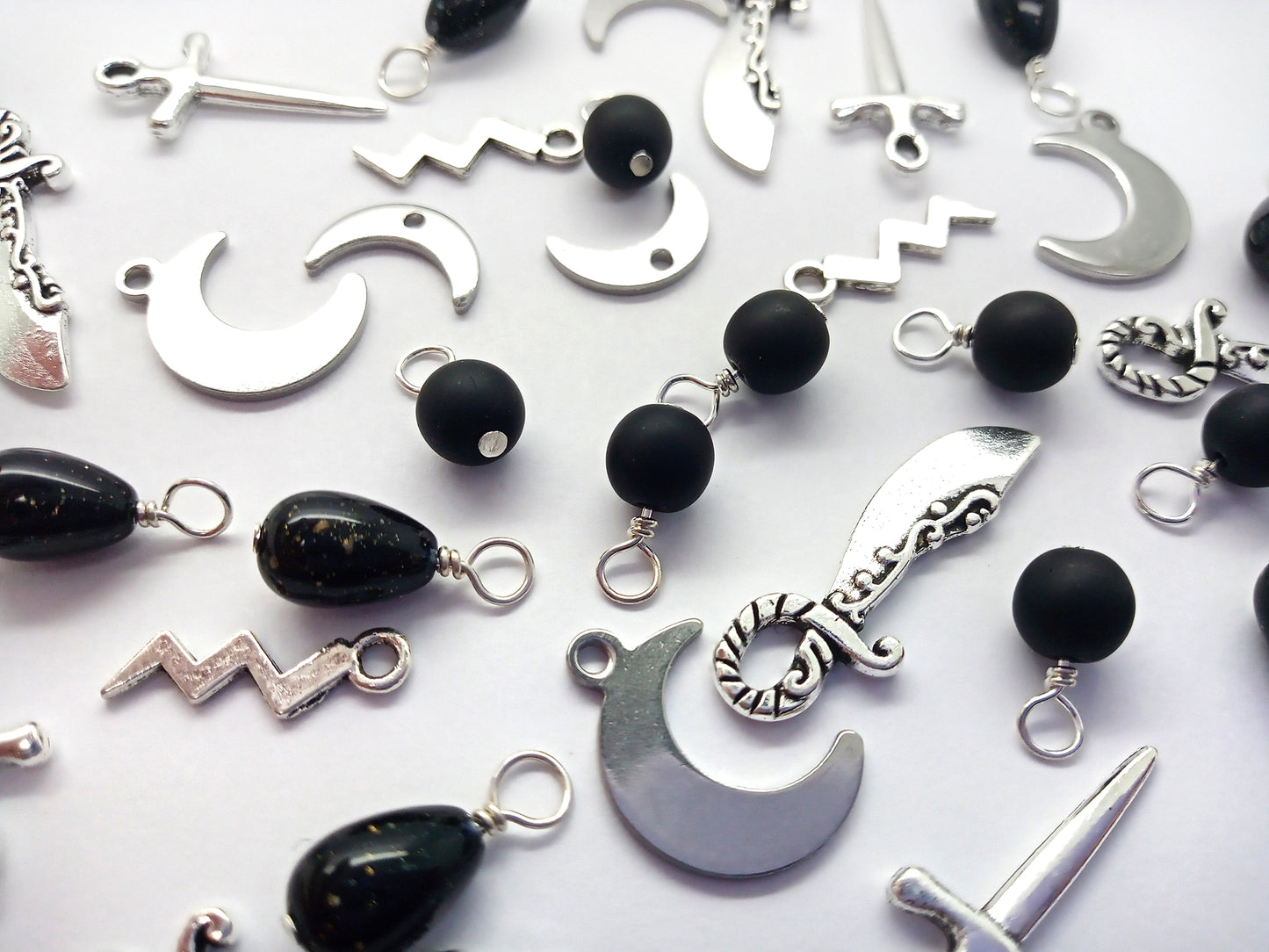 Halloween Charm Mix: Moons, Knives, and Black Bead Dangles
