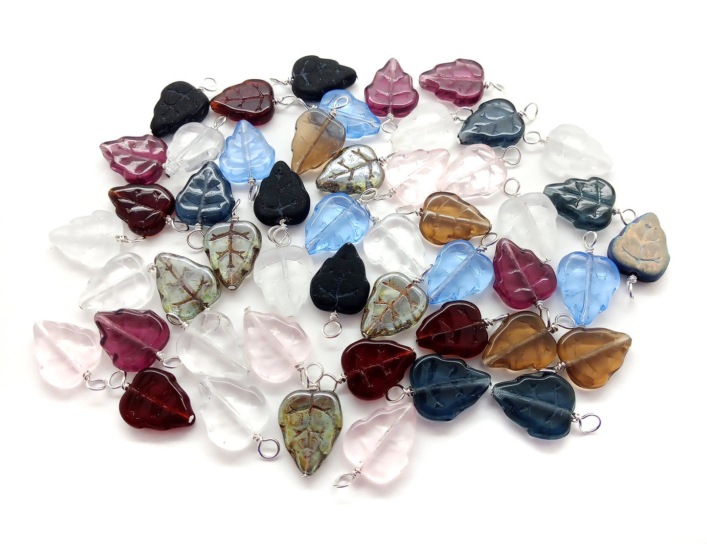 Mixed Leaf Bead Dangles, 20 pieces, Czech Glass Leaves Charms in Assorted Colors