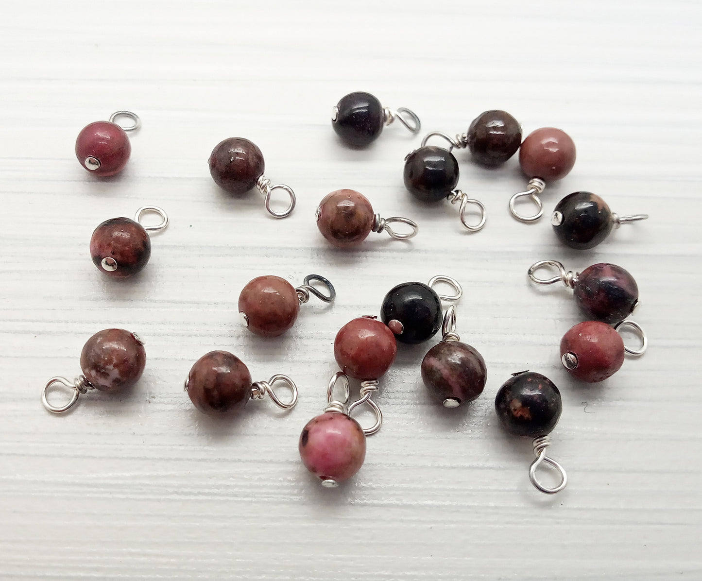 Rhodonite 6mm Bead Charms, Pink & Black Gemstone Dangles - Adorabilities Charms & Trinkets