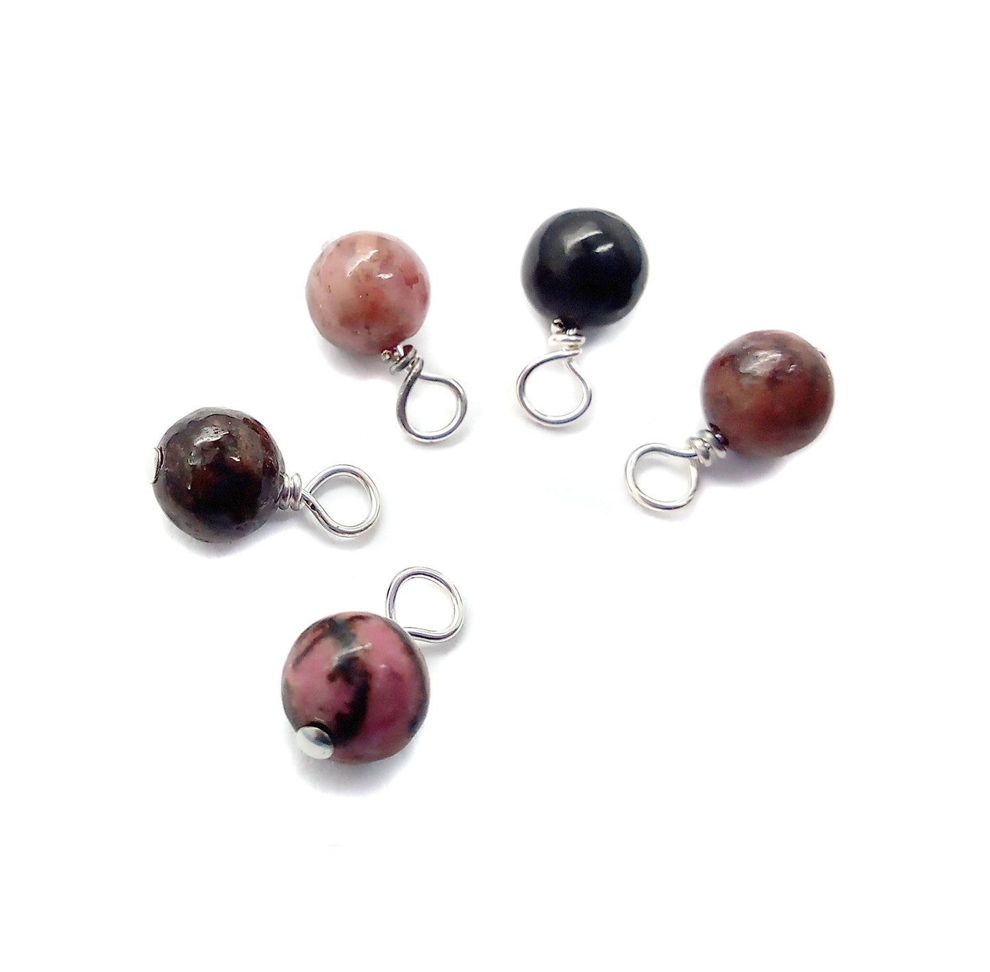 Rhodonite 6mm Bead Charms, Pink & Black Gemstone Dangles - Adorabilities Charms & Trinkets