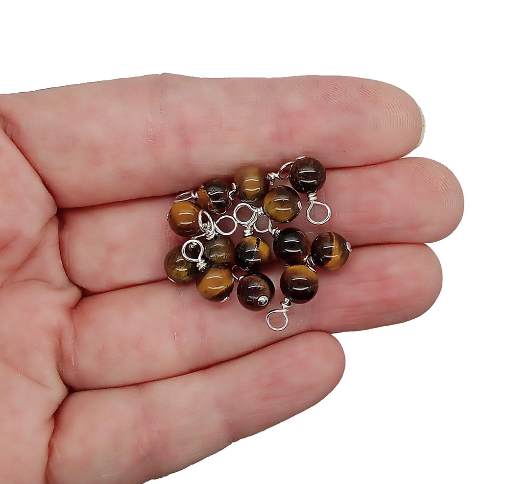 Tiger Eye 6mm Bead Charms, Natural Gemstone Dangles, 10 pc