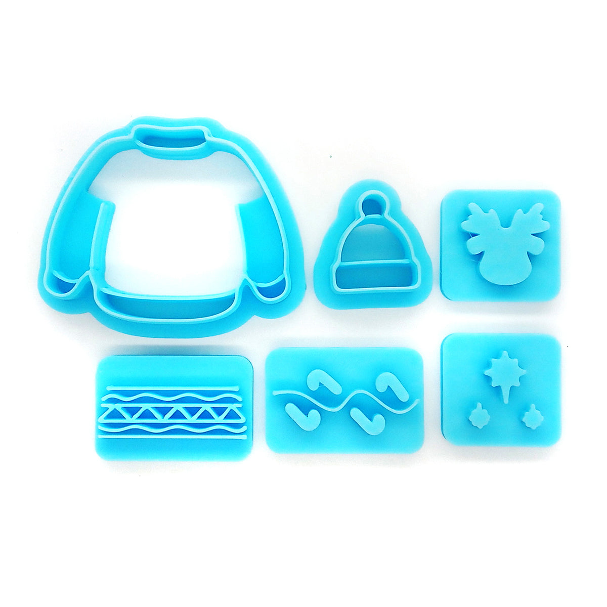 Winter polymer clay cutter set: sweater and beanie with design stamps