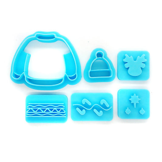 Winter polymer clay cutter set: sweater and beanie with design stamps