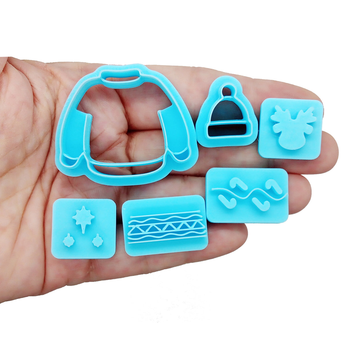 Winter polymer clay cutter set: sweater and beanie with design stamps