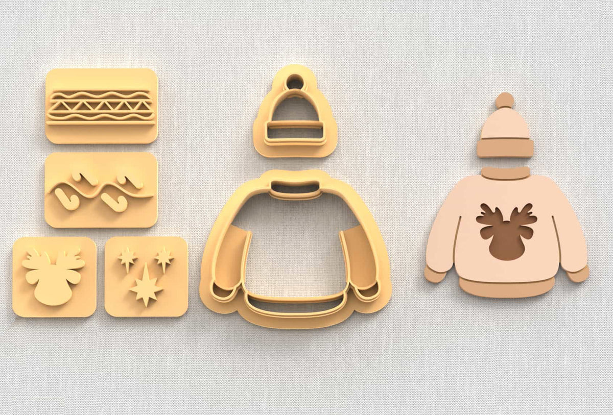 Winter polymer clay cutter set: sweater and beanie with design stamps