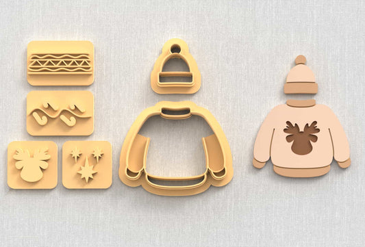 Winter polymer clay cutter set: sweater and beanie with design stamps