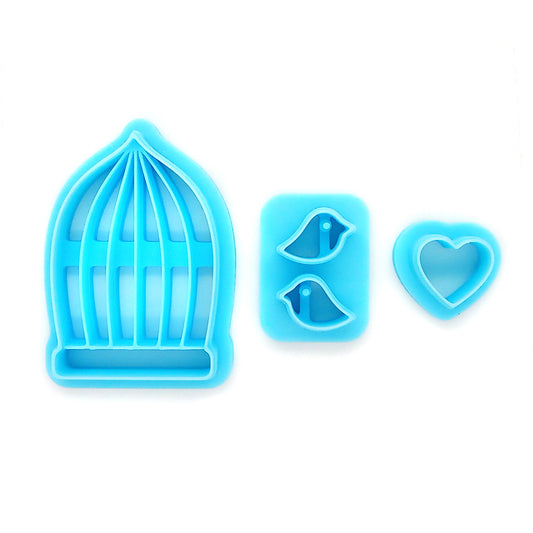 Cute birds and heart with birdcage blue polymer clay cutter set