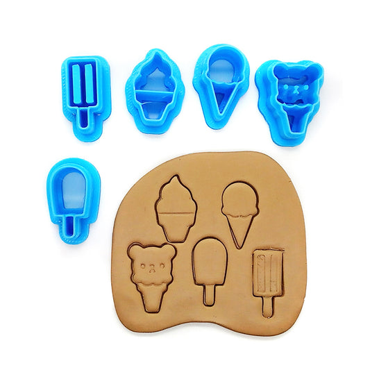 Set of 5 blue ice cream-themed clay cutters on a white background