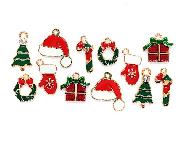 Enamel Christmas Charms, 5 Pairs for Earrings, with Trees, Wreaths, Candy Canes, Hats & Mittens