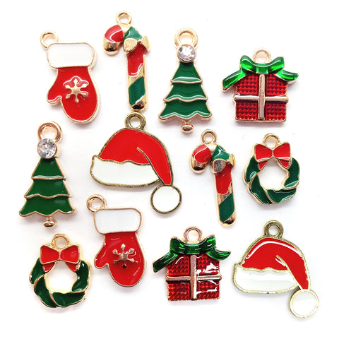 Pretty gold-tone enamel Christmas charms: Christmas tree, candy cane, gift, wreath, mittens and Santa hat.
