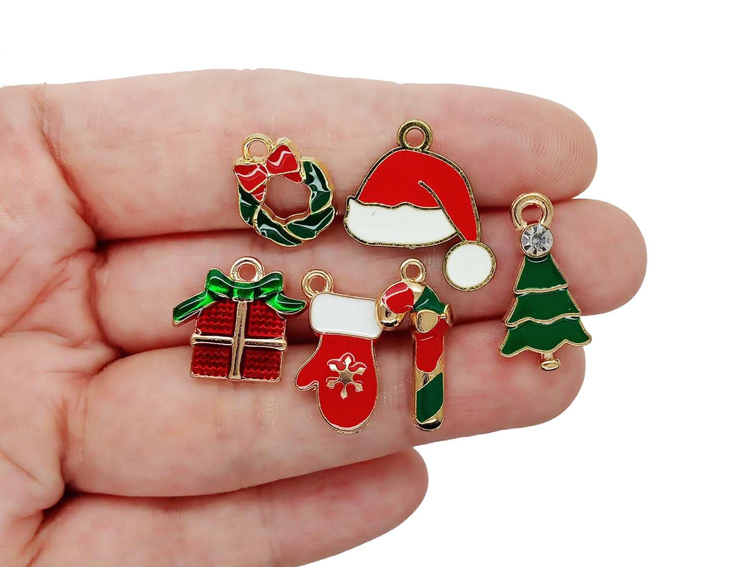 Enamel Christmas Charms, 5 Pairs for Earrings, with Trees, Wreaths, Candy Canes, Hats & Mittens
