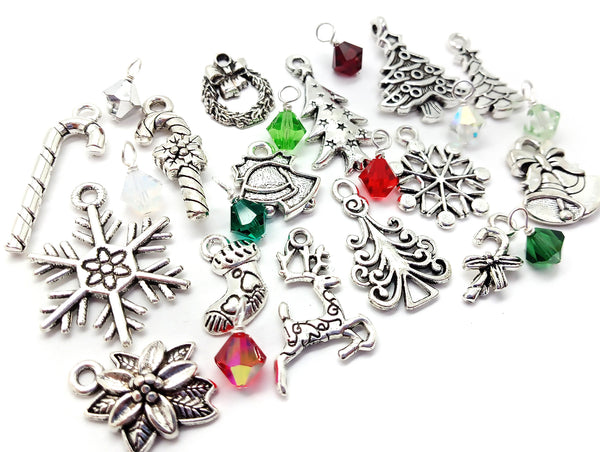 Christmas Charms, Metal Charms with Crystal Bead Dangles, 25 pieces