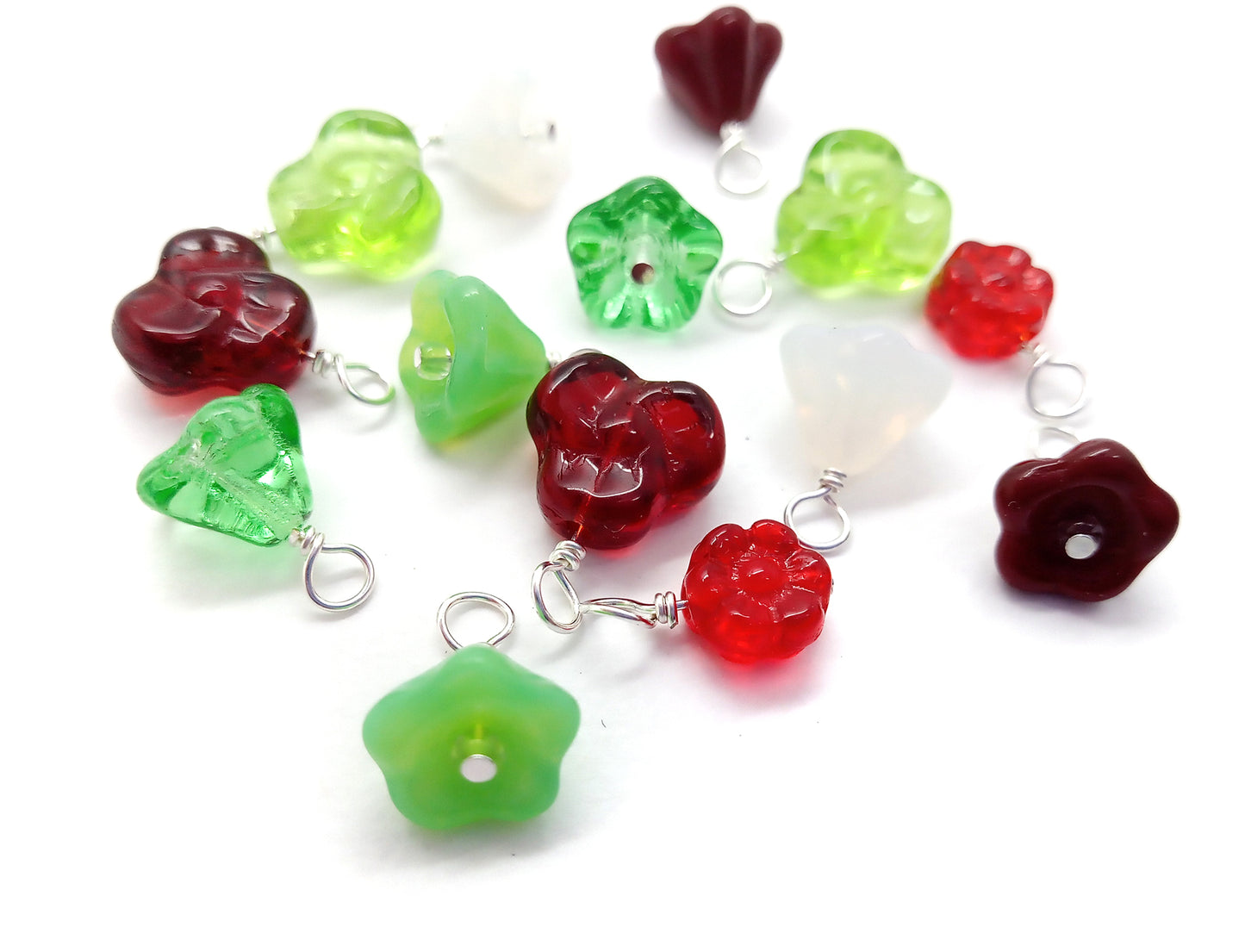 15 Christmas Flower Dangles, Red & Green Glass Bead Charms