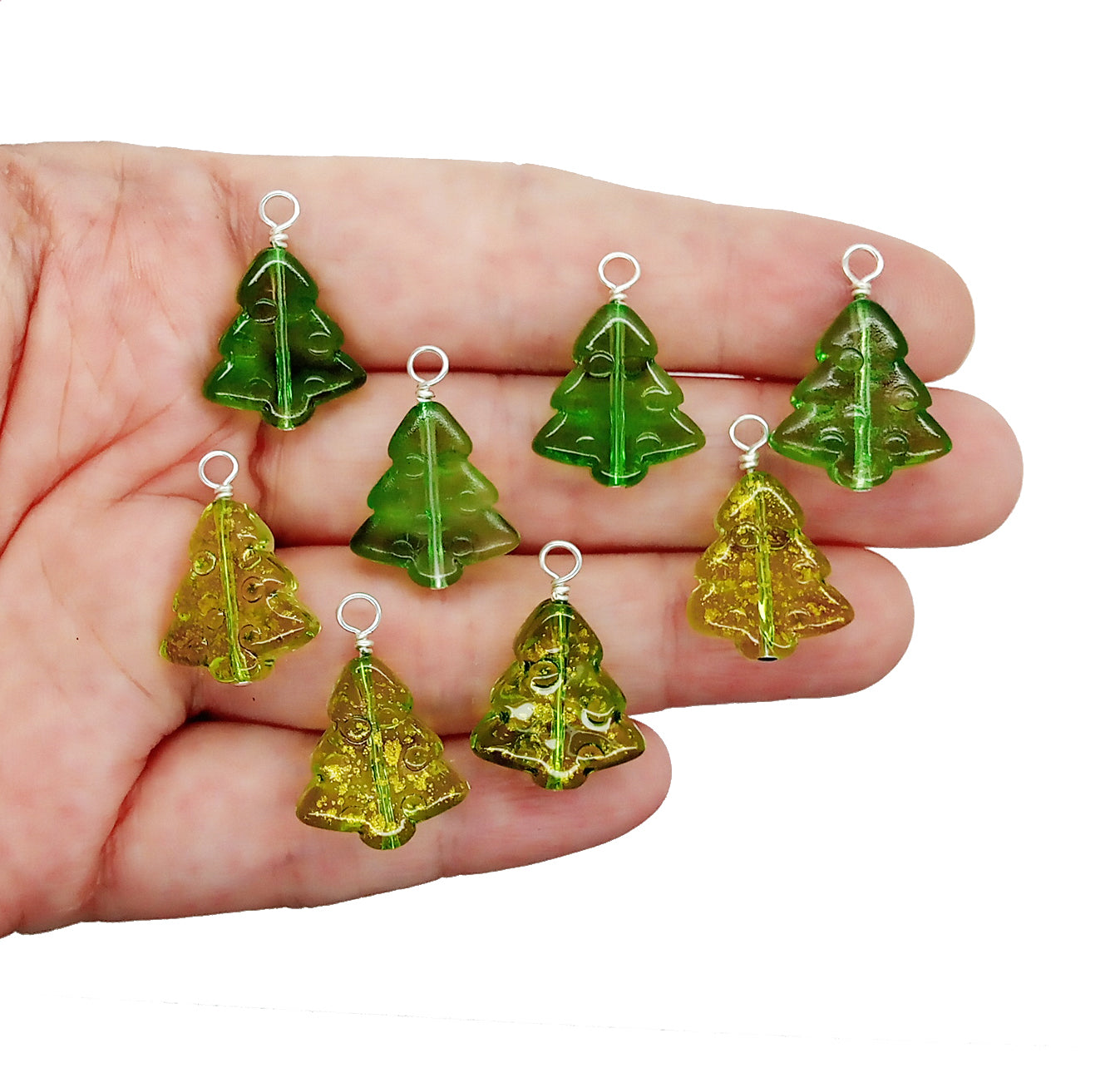Pine Tree Dangle Charms, Christmas Tree Glass Beads for Winter Jewelry, Set of 8