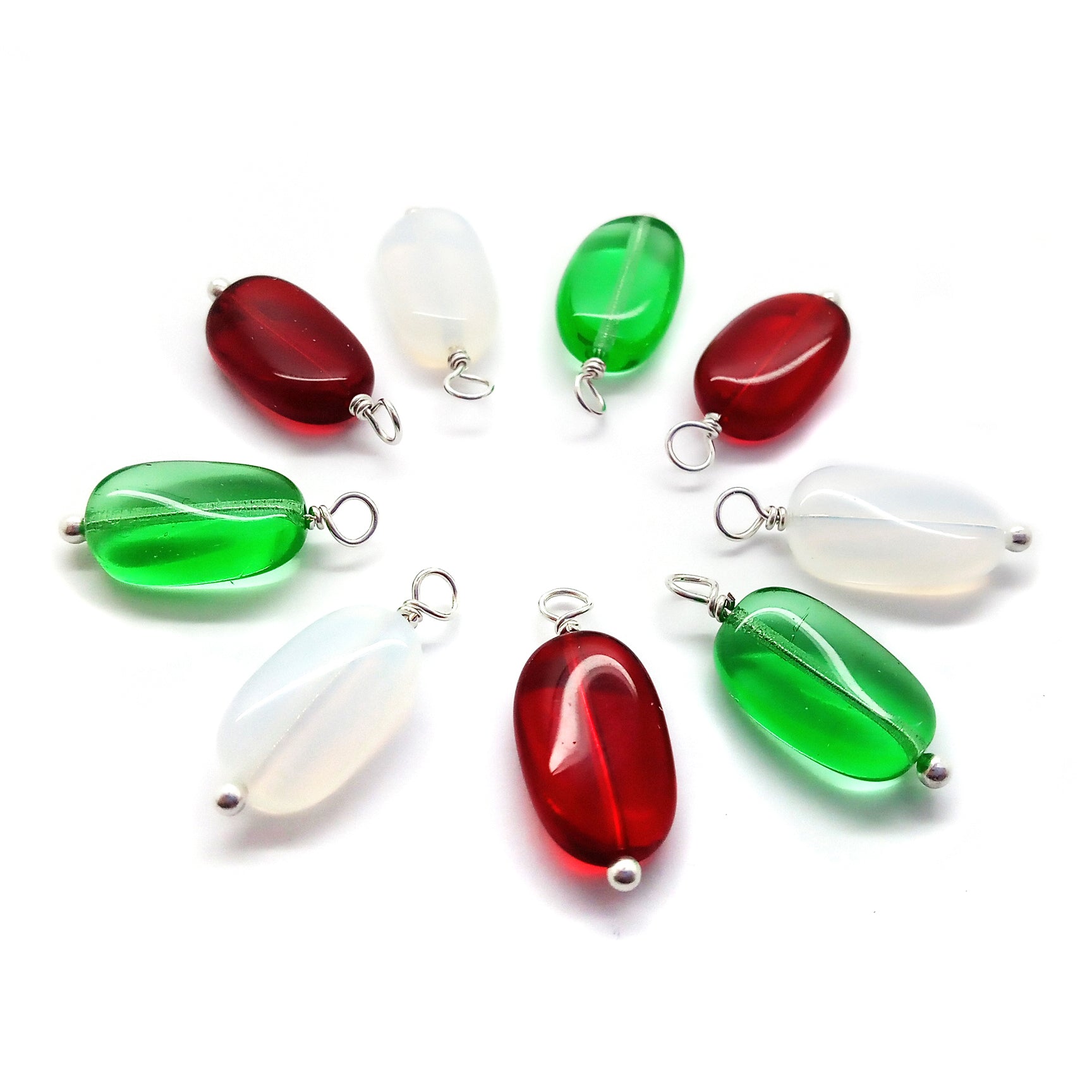 Pretty 15mm glass beads in red, green and white made into bead dangle charms in Christmas colors.