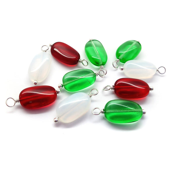Glass Bead Charms in Christmas Colors, Pretty Twisted Oval Dangles, 10 pieces