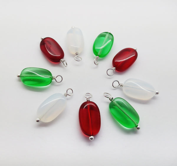 Glass Bead Charms in Christmas Colors, Pretty Twisted Oval Dangles, 10 pieces