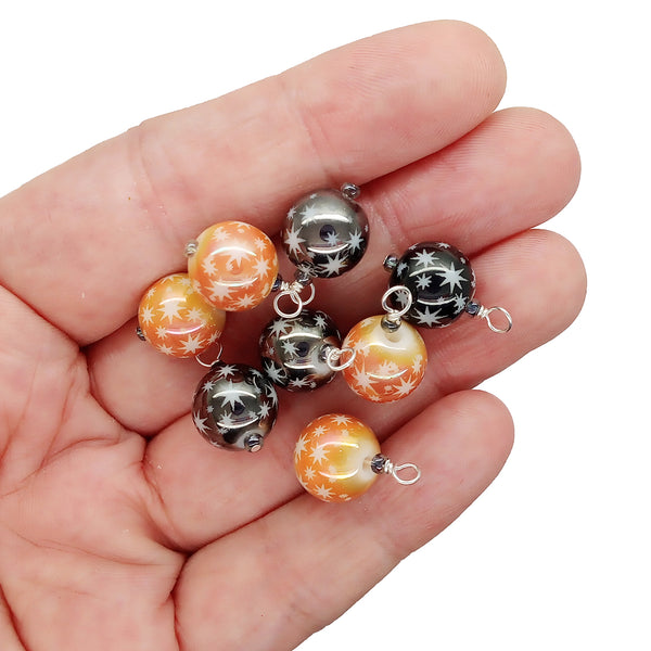 10mm Halloween Dangles, Black & Orange Glass Bead Charms, 8 pc