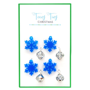 Miniature Christmas Ornaments, 8 pc, Blue Snowflakes & Silver Balls