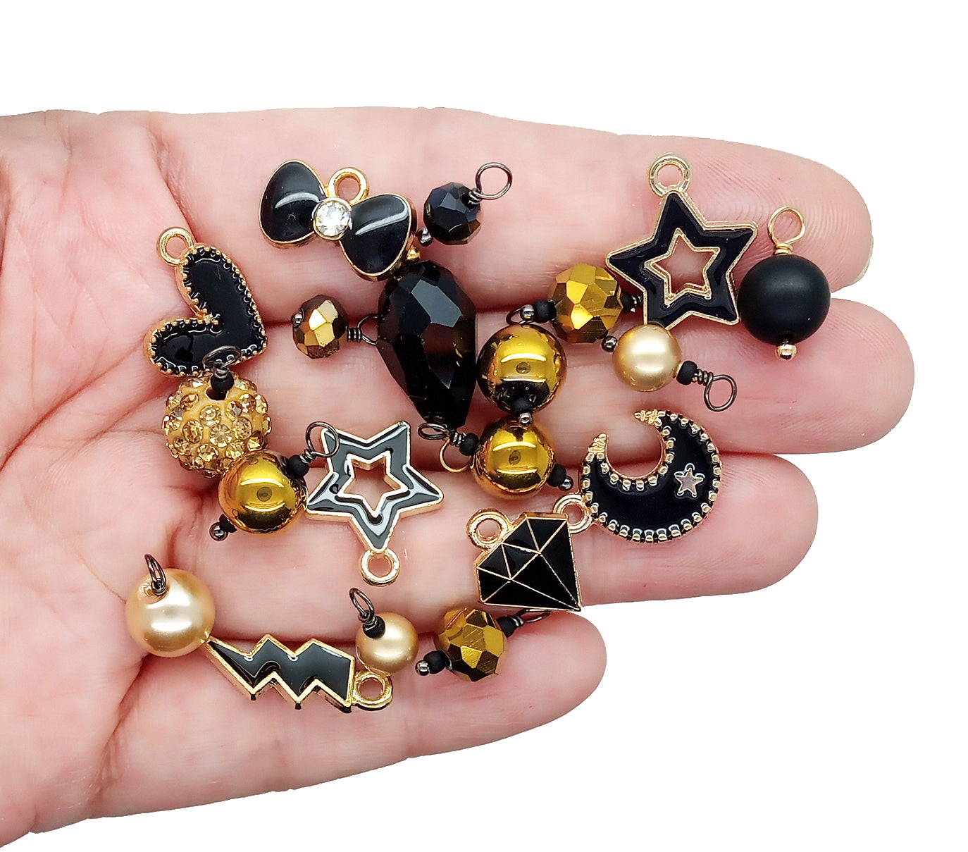 Black & Gold Charm Mix, 20-50 pieces, Black Dangles & Metal Charms