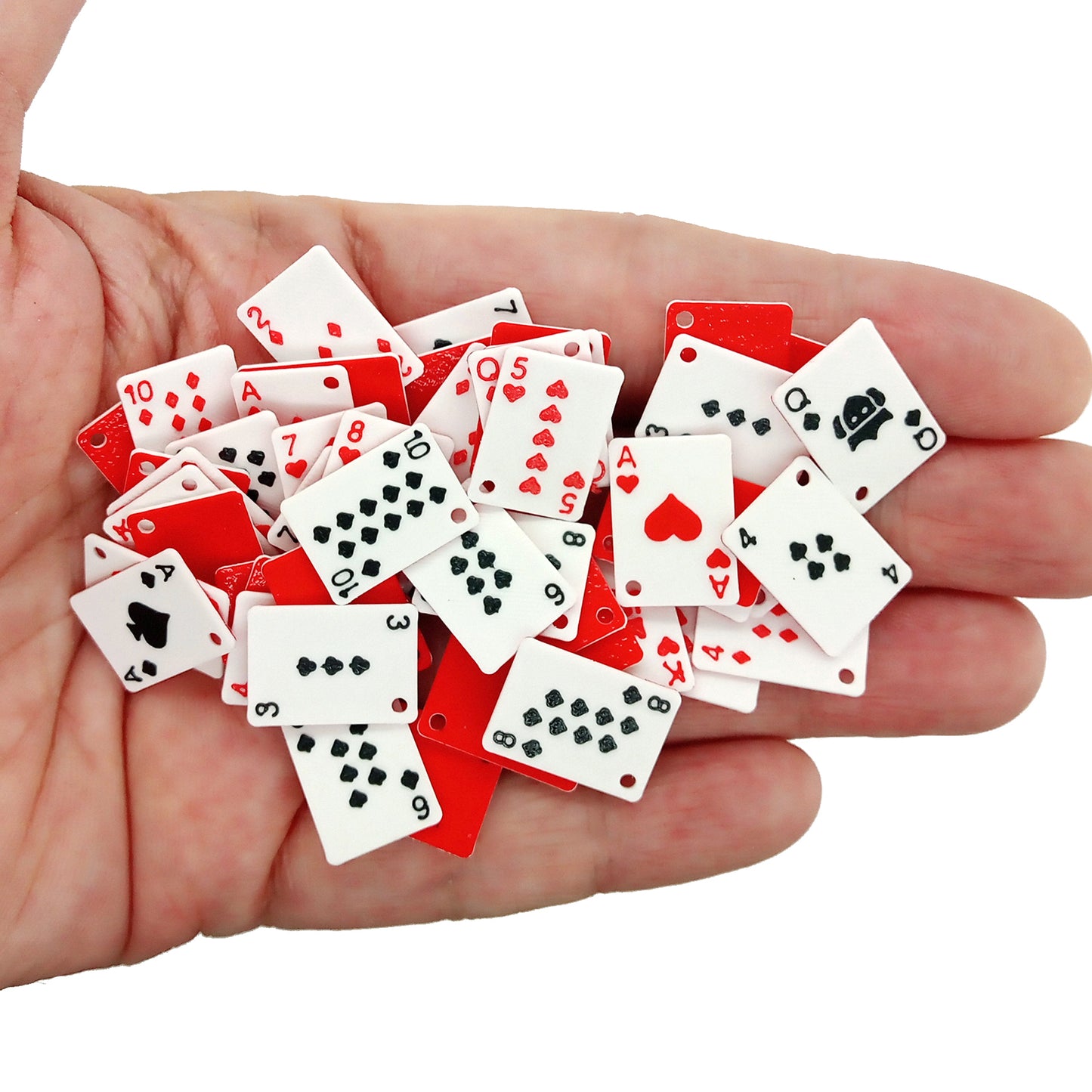 Tiny playing card charms - full deck of hearts, diamonds, clubs and spades with red backs, held in hand.