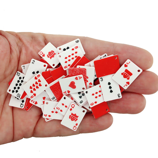 Tiny playing card charms - full deck of hearts, diamonds, clubs and spades with red backs, held in hand.