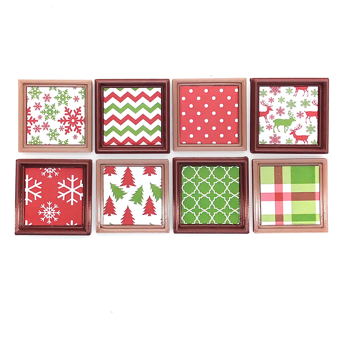 Eight framed Christmas prints for small dollhouses, including snowflakes, plaid, reindeer, polka dots and Christmas trees.