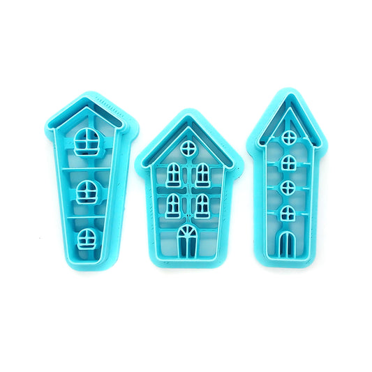 Blue Clay Cutters in little house shapes. 3 pieces.