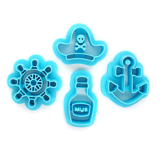 Pirate-themed polymer clay cutter set: ship's wheel, anchor, pirate hat and bottle of rum.