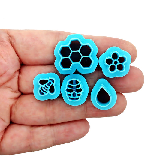 Tiny clay cutters for stud earrings: bee, hive, flower, honeycomb and honey drop