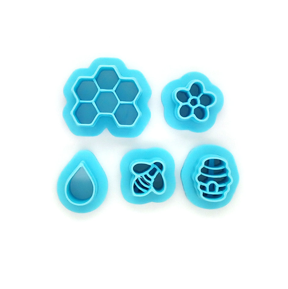 Tiny clay cutters for stud earrings: bee, hive, flower, honeycomb and honey drop