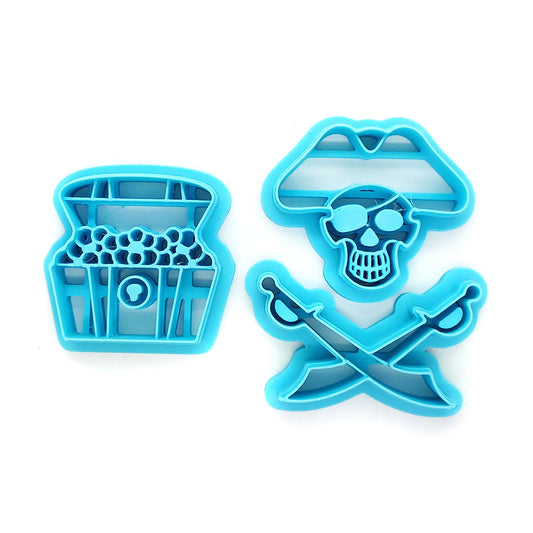 Pirate skull, sword, and treasure chest polymer clay cutter set.