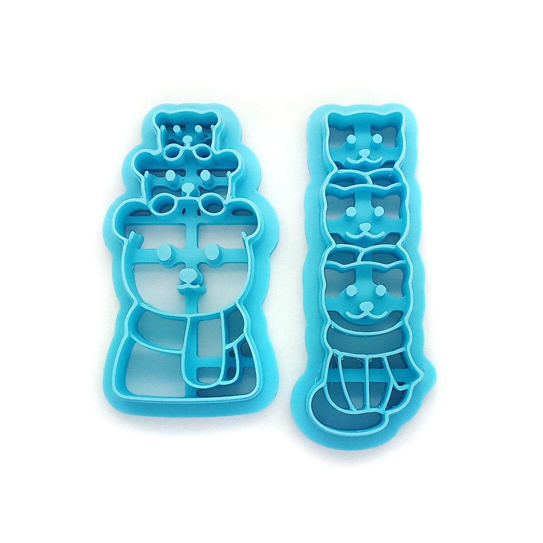 Winter polymer clay cutters: stacks of bears and cats